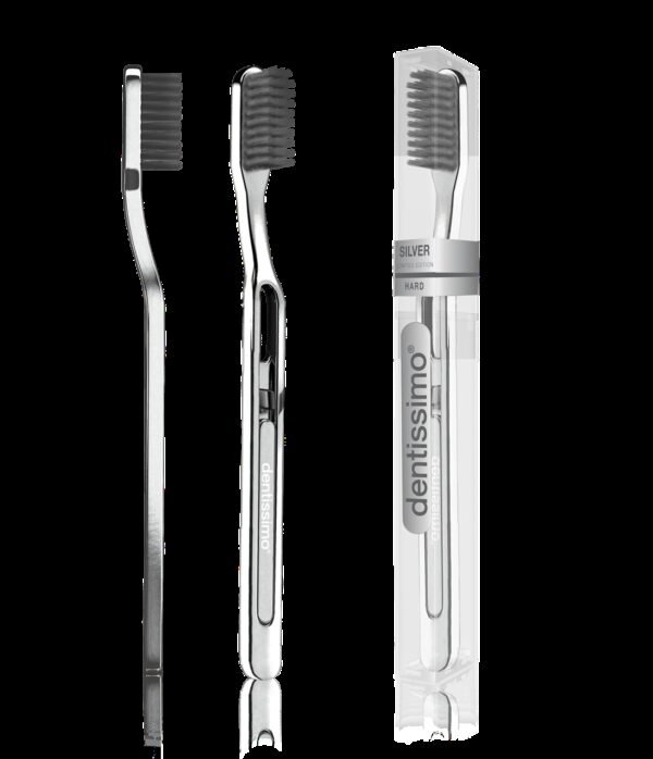 Зубная щетка Dentissimo HARD ЖЕСТКАЯ, серебряная ручка + черная щетина