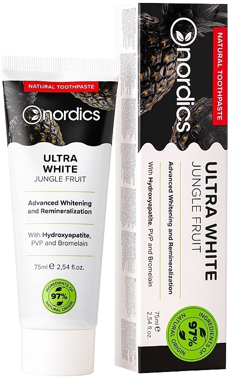 Натуральная реминерализирующая зубная паста Nordics Ultra White с «жидкой эмалью» и активированным углем